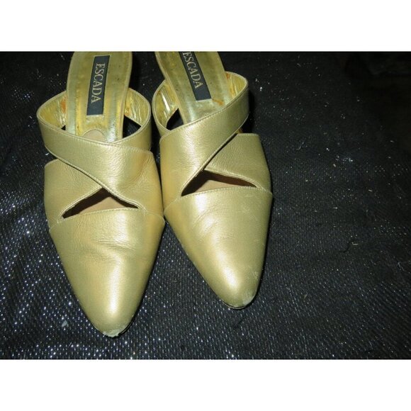 Escada Vintage Gold Satin & Leather Kitten Heeled Mules Sandals size 6 B - Picture 2 of 9